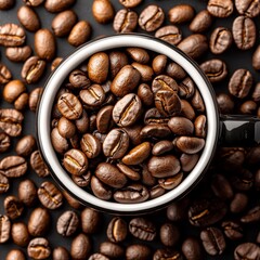 Naklejka premium Top view of a stylish ceramic cup filled with glossy coffee beans, centered on a rich, full-frame background of roasted beans, luxurious and bold