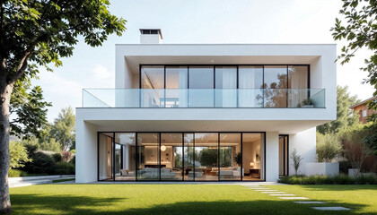 Obraz premium A sleek, modern two-story white house with expansive glass windows and a minimalist design, surrounded by lush greenery.