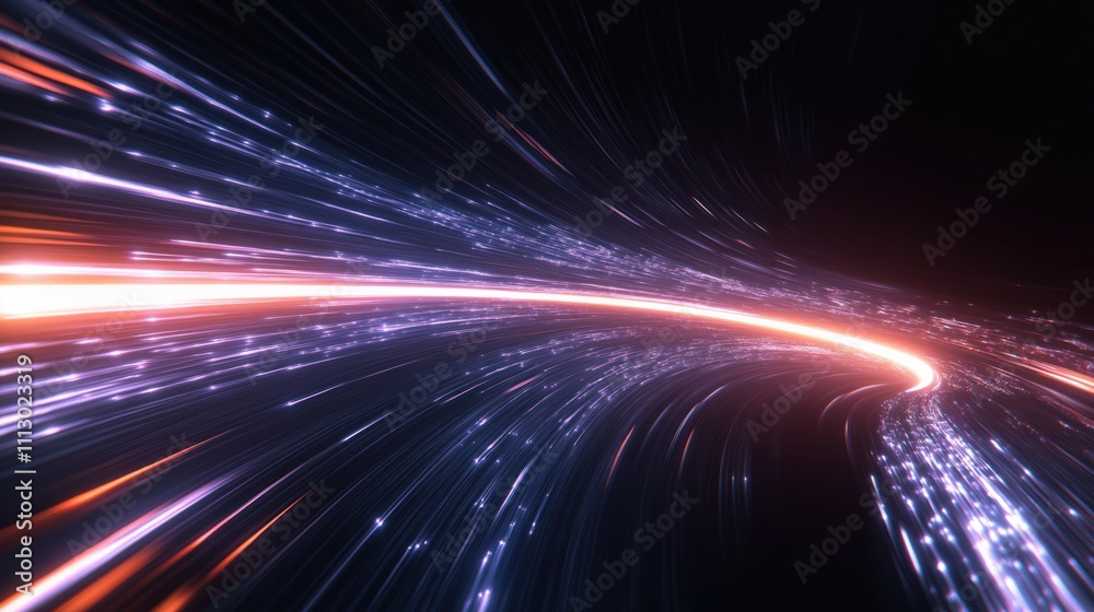 Poster Abstract illustration of fast light trails in motion. Dynamic lines of bright energy move in curved path. Futuristic tech concept with speed, power. 5G tech background. Looks like fast data streaming