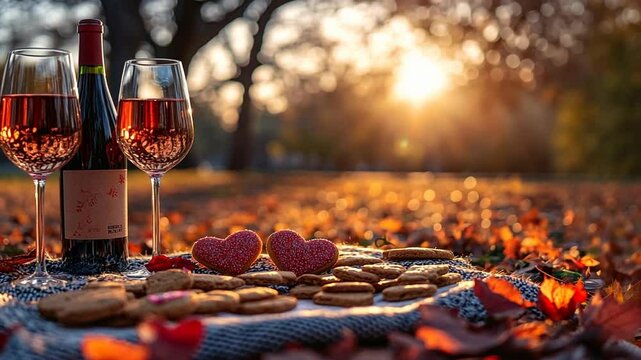 Romantic Sunset Picnic: Wine, Cookies, and Autumn Leaves