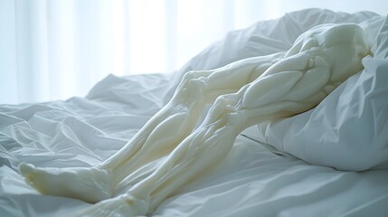Patient's leg in a plaster cast resting on an elevated hospital bed, with a comforting blanket draped nearby and soft medical lighting overhead