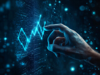 Interactive digital stock market graph with glowing elements and a hand reaching towards data points
