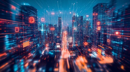 Obraz premium cityscape at night with glowing data lines and financial charts overlaid, representing the concept of a thriving financial market and investment opportunities