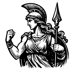 mythological warrior goddess with helmet and spear black vector design