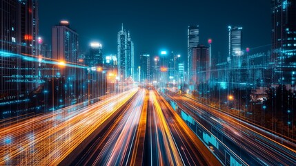 Fototapeta premium cityscape at night with glowing data lines and financial charts overlaid, representing the concept of a thriving financial market and investment opportunities