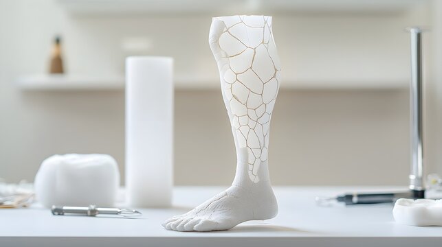 Leg in a newly applied plaster cast with subtle cracks from drying, wrapped with soft bandages, hospital tools in the background