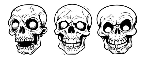 collection of detailed skull illustrations in hand-drawn black vector