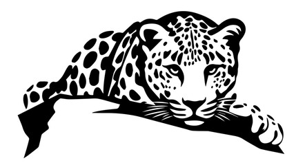 detailed leopard portrait with jungle leaves black vector art