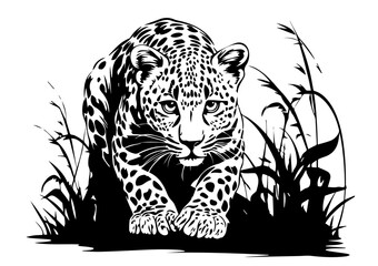 detailed leopard portrait with jungle leaves black vector art