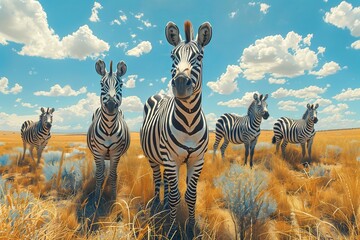 Obraz premium A group of zebras standing in a golden grassland under a bright blue sky.