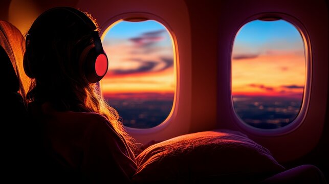 Model on airplane, wearing headphones and resting on a pillow, wing and window visible in background, perfect for in-flight advertisement