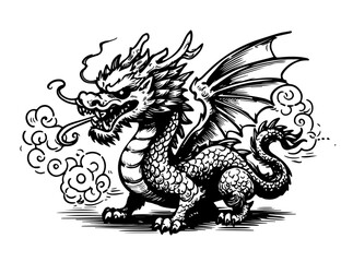 mythical asian dragon design in monochrome black vector drawing