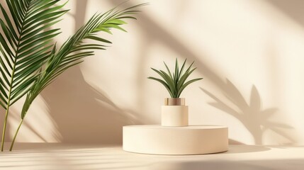 Obraz premium Minimalist cosmetic presentation with green plant on beige podium