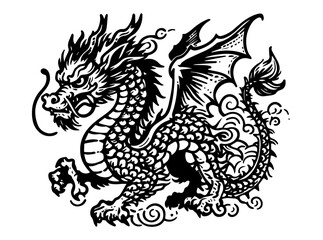 mythical asian dragon design in monochrome black vector drawing