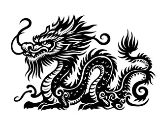 mythical asian dragon design in monochrome black vector drawing