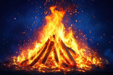 Bright flames engulf a bonfire. Silhouettes dance around. Night sky in the backdrop.