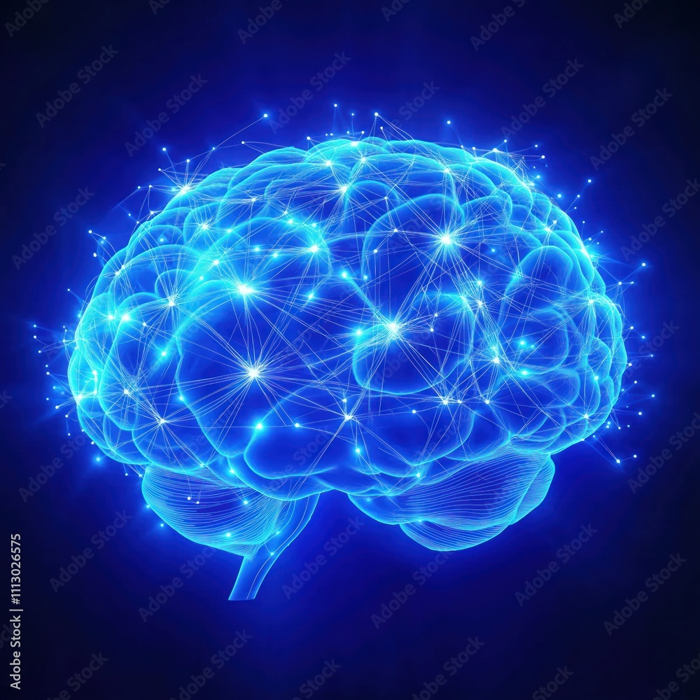 Aufkleber Blue glowing brain illustration shows complex network connections. Brain structure with light pathways. Abstract representation of neural network. Modern tech concept. Digital art style for tech