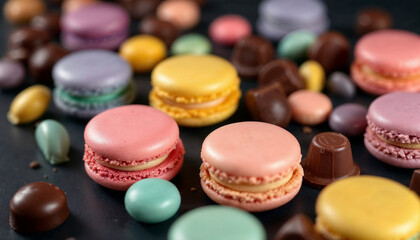 Obraz premium Colorful macarons and chocolates arranged elegantly on a dark background.
