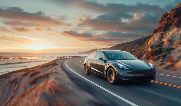 A sleek car driving along a scenic coastal road during a vibrant sunset.