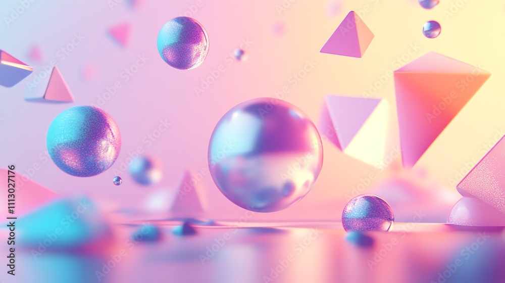 Wall mural abstract 3d render of glossy spheres and geometric shapes floating against a pastel gradient backgro
