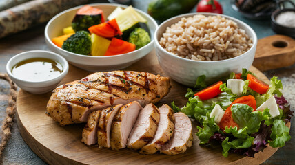 rice with chicken salad fruits