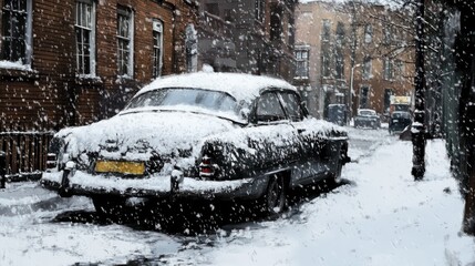 Classic car covered in snow on a city street.