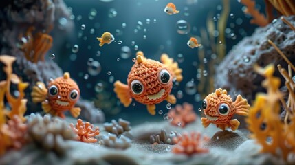 Cute knitted fish swimming in underwater scene with bubbles and coral.