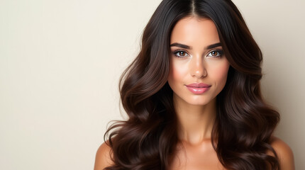 A woman flaunts her voluminous dark hair, embodying beauty and confidence for a premium hair dye brand