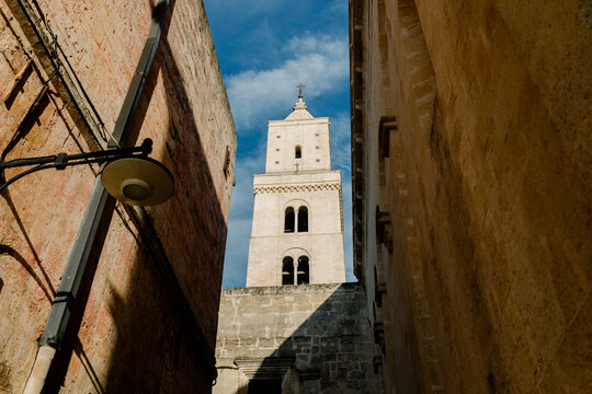 View of the main tower of the Cathedral of Matera in Basilicata, Italy