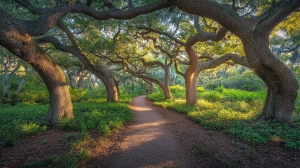 A serene pathway lined with majestic trees, inviting exploration in a tranquil natural setting.