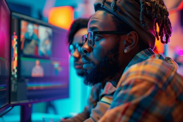 Obraz premium Focused individuals working on video editing with colorful ambient lighting.