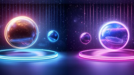 Mesmerizing cosmic 3D scene with spiraling galaxies, glowing stars, and floating planets, dark and deep color palette