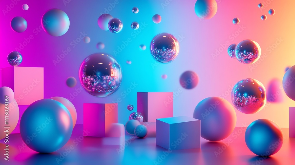 Canvas Prints abstract 3d rendering of shiny spheres and cubes against a bright neon pink and blue gradient backgr