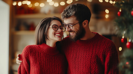 Fototapeta premium happy pretty cute smiling couple of man and woman dressed in knitted sweaters celebrating Christmas at home together with Christmas lights and decaration on the background