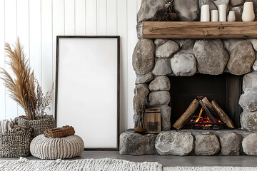 Rustic Fireplace Interior Design with Blank Frame