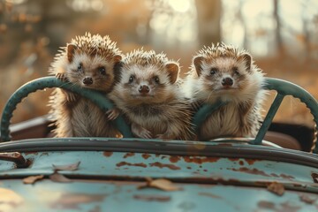 Three adorable hedgehogs peeking from an old, vintage vehicle in a natural setting.