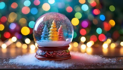 Festive snow globe surrounded by colorful Christmas lights with a dreamy atmosphere. Generative AI