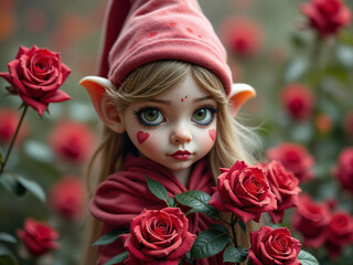 Fototapeta premium Cute christmas elf doll holding red roses in a rose garden