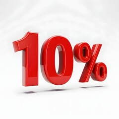 3D bold red text reading '10%' with a glossy finish and floating shadow effect, highlighted by rim lighting. Presented on a pure white background, offering a sleek and professional promotional design.