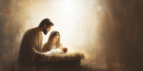 Illuminated Mary and Joseph Caressing Baby Jesus Nativity Scene Painting © fotoyou