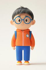 A cute animated character with glasses, wearing an orange hoodie and blue pants, ready for adventure.