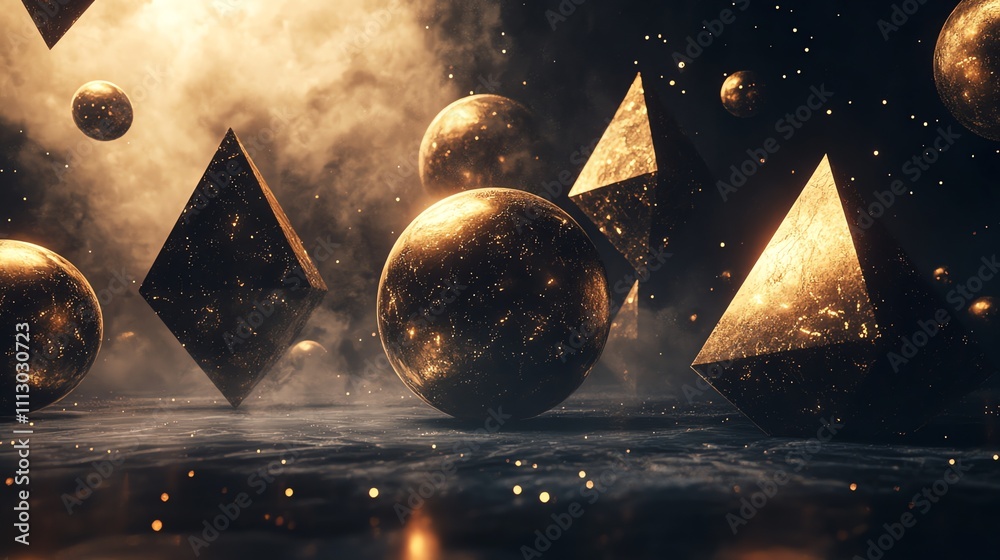 Wall mural abstract 3d rendering of glowing golden geometric shapes in a dark background with fog and stars.