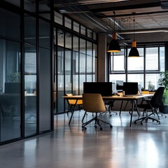 Modern office space with glass walls, desks, and plants, designed for productivity.