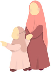 Little Girl Holding onto Her Mother, Pointing Forward