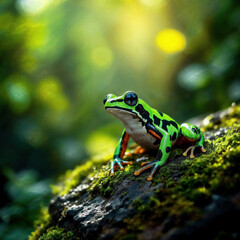Vibrant Green Poison Dart Frog in a Tropical Rainforest