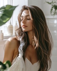 In a serene bathroom, a woman applies rich conditioner to her shiny, flowing hair amid elegant decor.