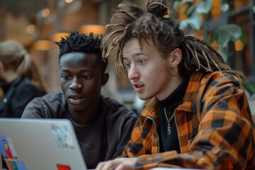 Fototapeta premium Two young men collaborate on a laptop in a vibrant social environment.