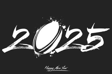 Numbers 2025 and a abstract rugby ball made of blots in grunge style. Design text logo Happy New Year 2025. Template for greeting card, banner, poster. Vector illustration on isolated background