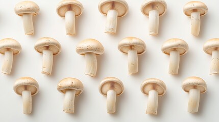 Overhead view of multiple champignon mushrooms in random arrangement, isolated on a white background, vibrant and clean for food advertising