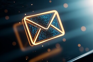 An envelope with a glowing design is shown in a dark background
